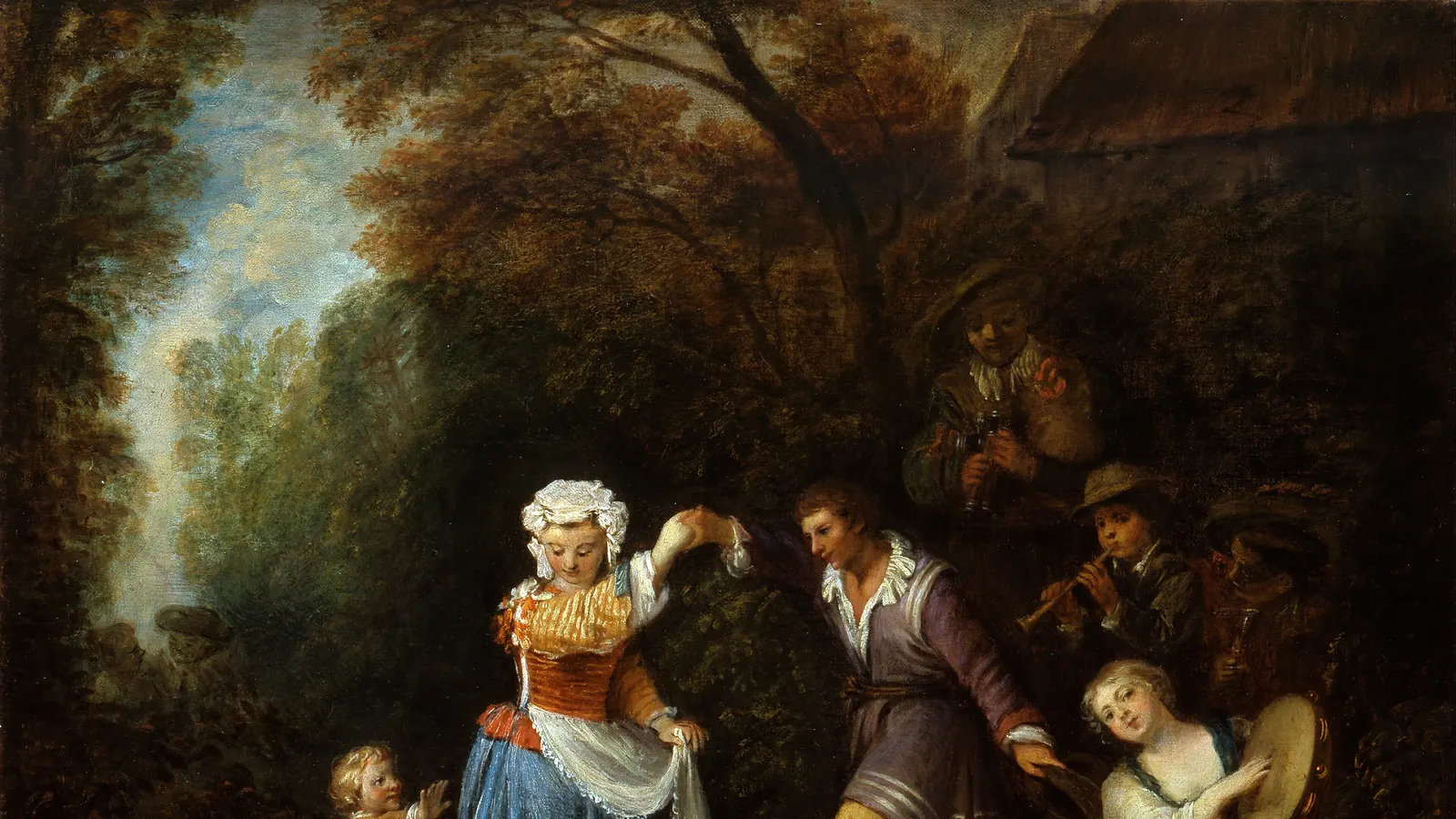 Tableau ancien montrant des couples dansant dans un décor champêtre, d'après Watteau